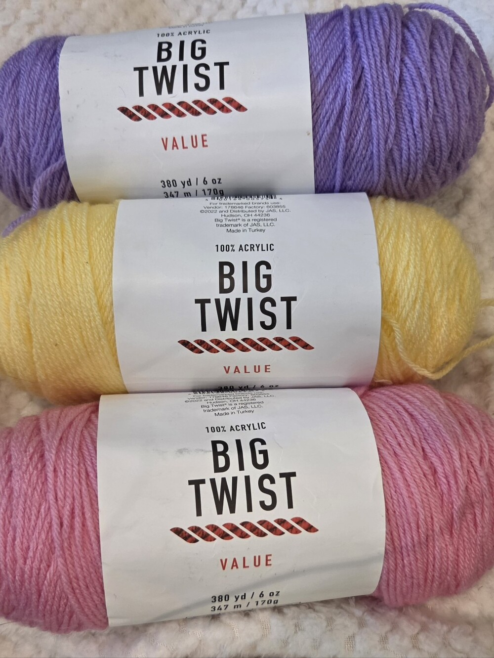 Big Twist Acrylic Yarn Trio - Lavender, Yellow, Pink